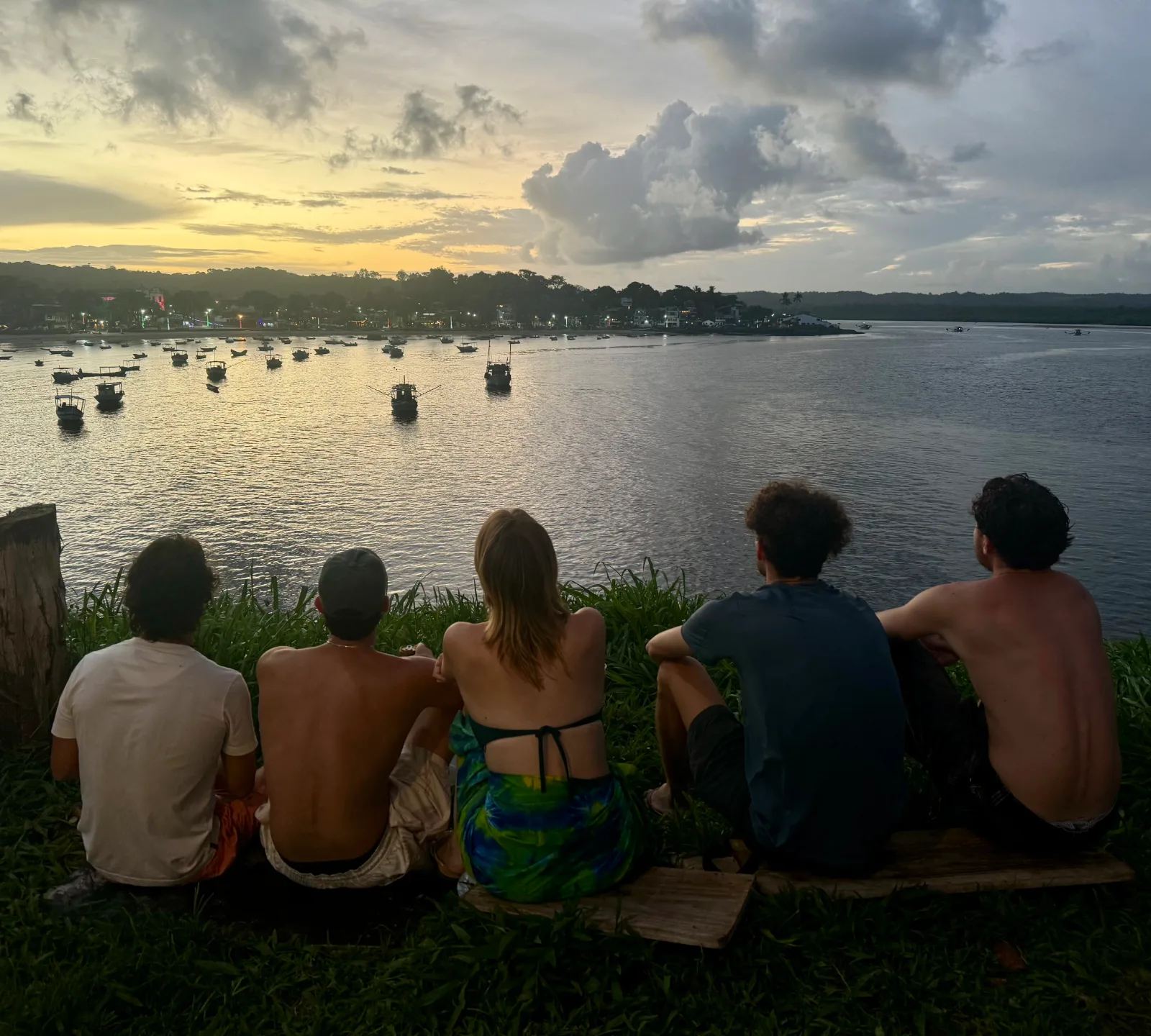 Cinque persone sedute sull'erba guardano la baia al tramonto